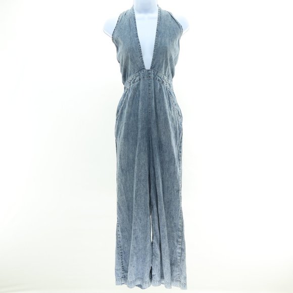 We The Free C'est La Vie Halter Overall Denim Jumpsuit Romper Size M - Picture 2 of 11